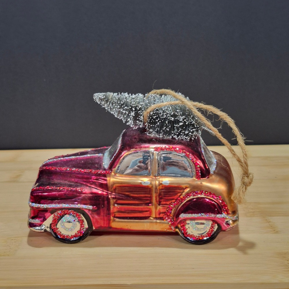 Pottery Barn Blown Glass Woodie Car Bottle Brush Tree Christmas Ornament Holiday
